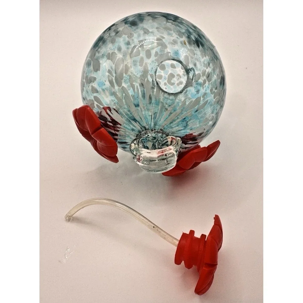 Hummingbird Feeder Hand Blown Glass Blue White Confetti Red Flower Ports Hanging
